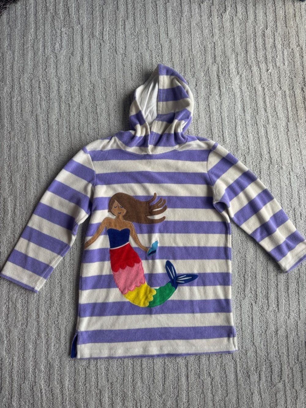 Mini Boden Purple & White Striped Mermaid Hooded Coverup size 9-10